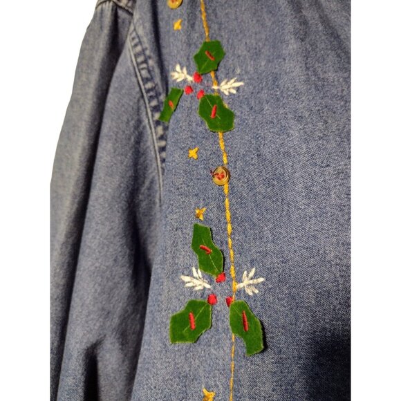 Vtg Victoria Jones Chambray Christmas Shirt Size 1X Plaid Patchwork Faux Pearls - Picture 6 of 8